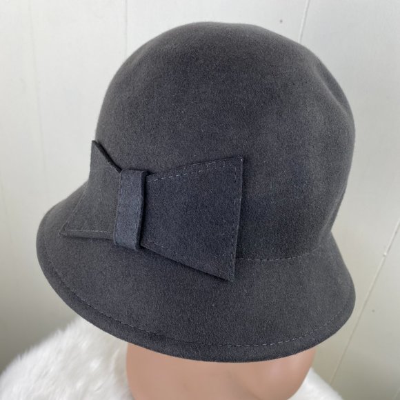 Charcoal Gray 100% Wool Cloche Hat w/ Bow main image 5